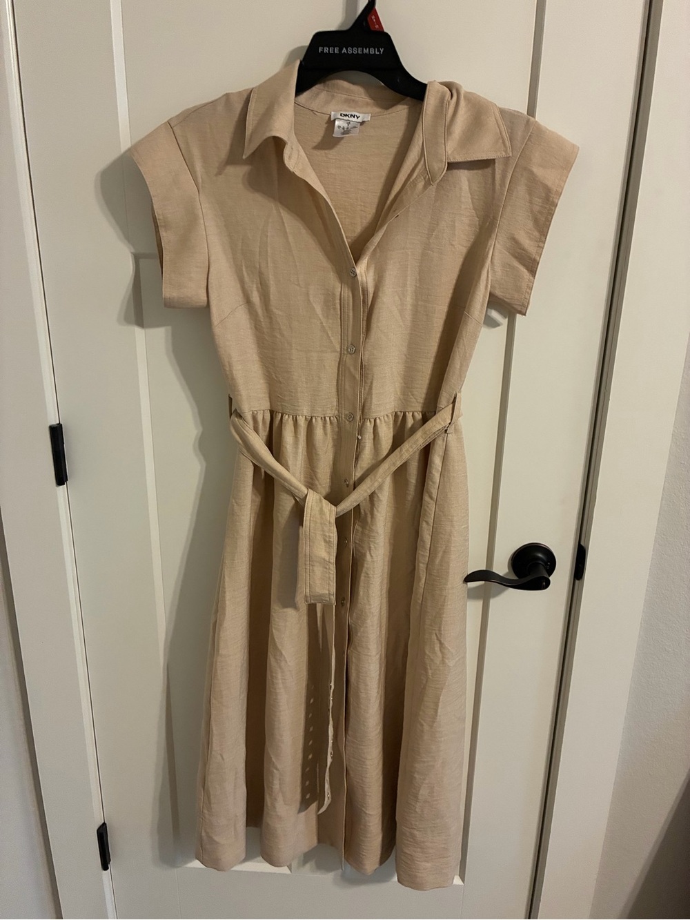 DKNY Beige Collared Button-Front Maxi Dress with Tie Waist